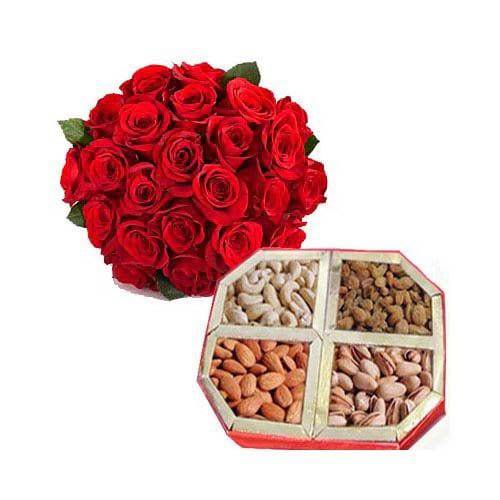12 Red Roses And 1 Kg Dry Fruits - YuvaFlowers