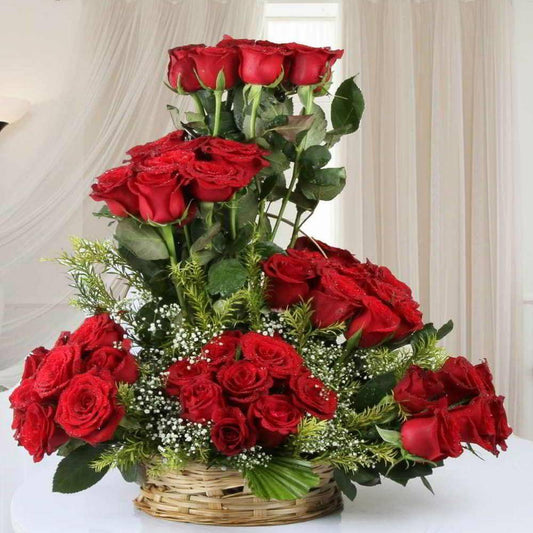 48 Red Rose Basket Arrangement - YuvaFlowers