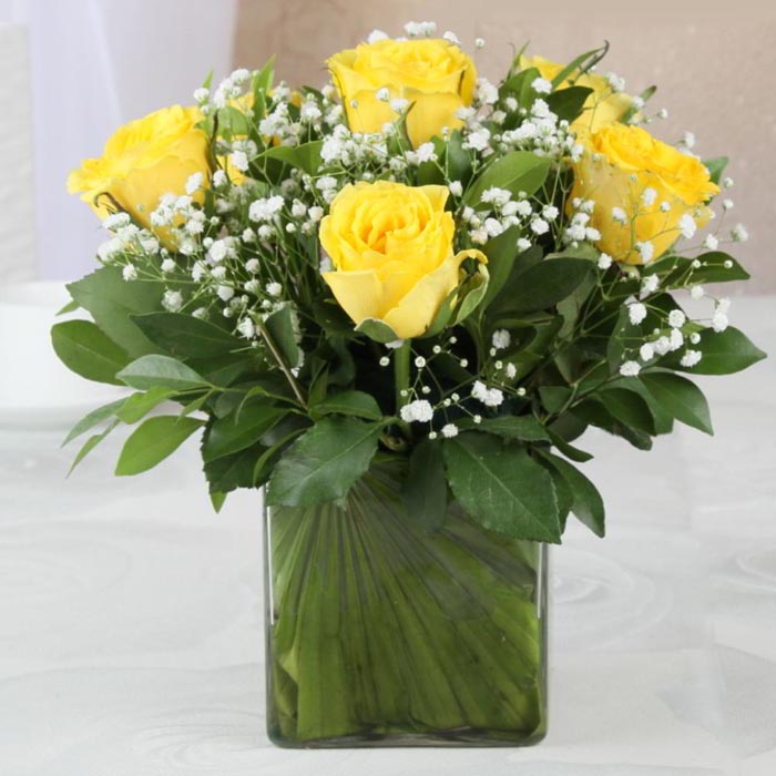 Glass Vase Of Six Lovely Yellow Roses - YuvaFlowers