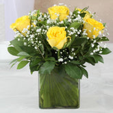 Glass Vase Of Six Lovely Yellow Roses - YuvaFlowers