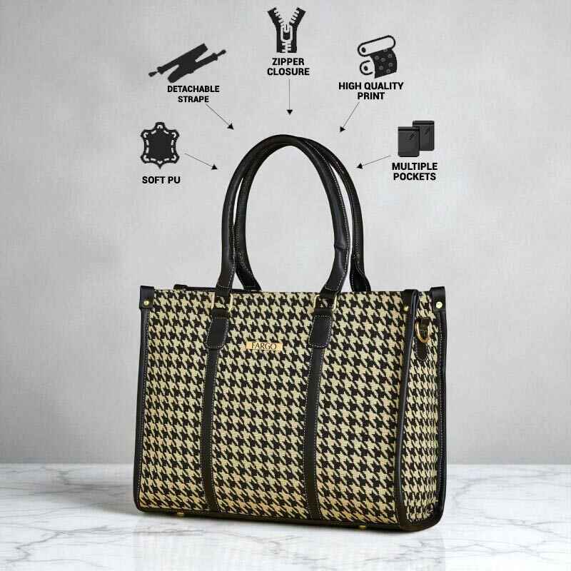Fargo Premium Houndstooth Pattern Handbag for Women – Stylish Tote Bag with Black Leather Handles