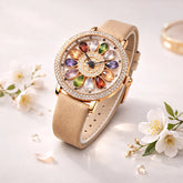 Aurora Bloom Crystal Flower Watch – Rose Gold & Multicolor Gem Dial