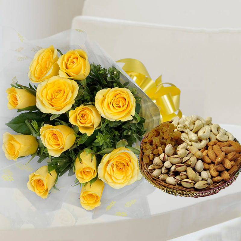 Basket of 1 Kg Assorted Dryfruits with 10 Yellow Roses Bunch - YuvaFlowers