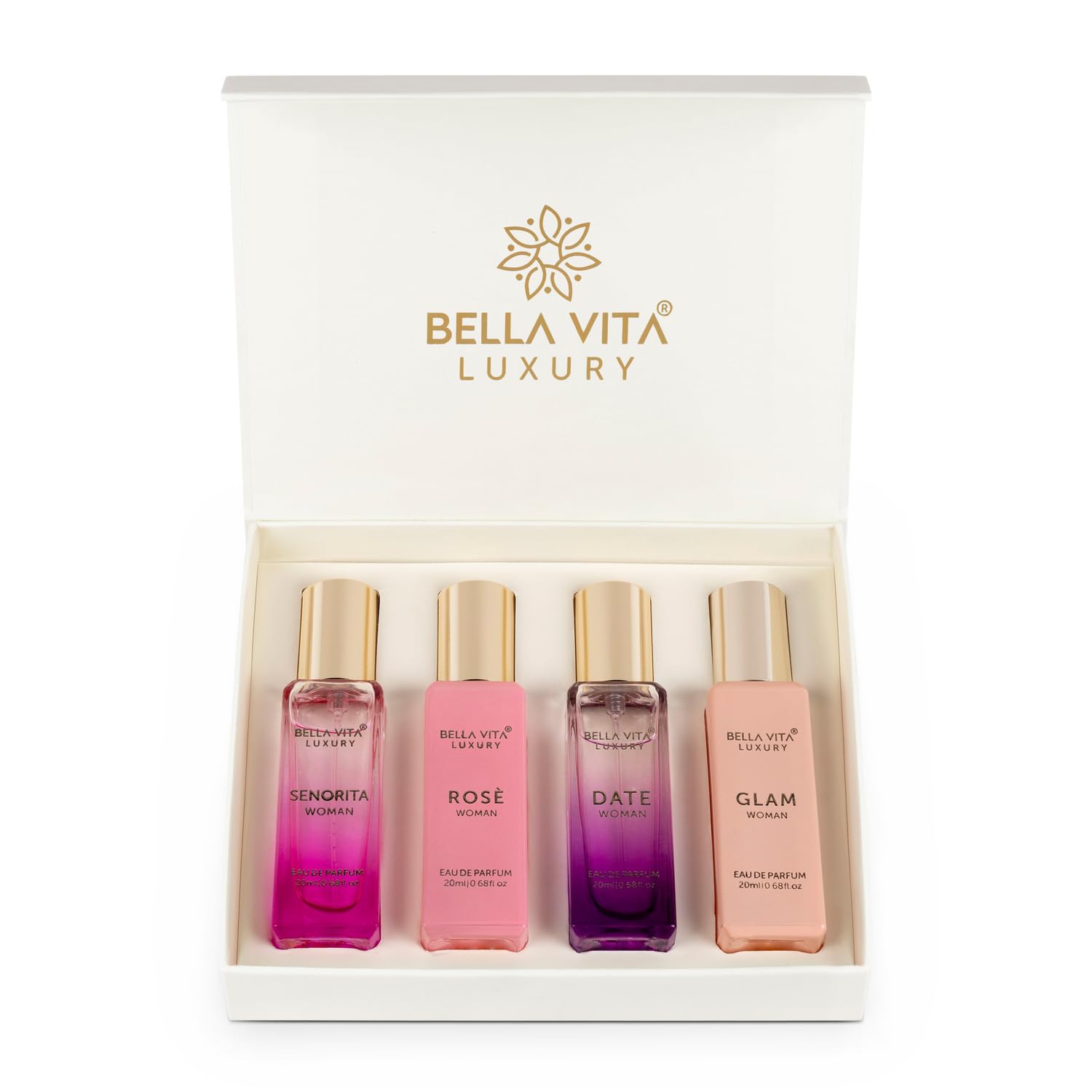 Bella Vita Luxury Woman Eau De Parfum Gift Set 4x20 ml for Women with Date, Senorita, Glam, Rose Perfume|Floral, Fruity Long Lasting EDP Fragrance Scent - YuvaFlowers