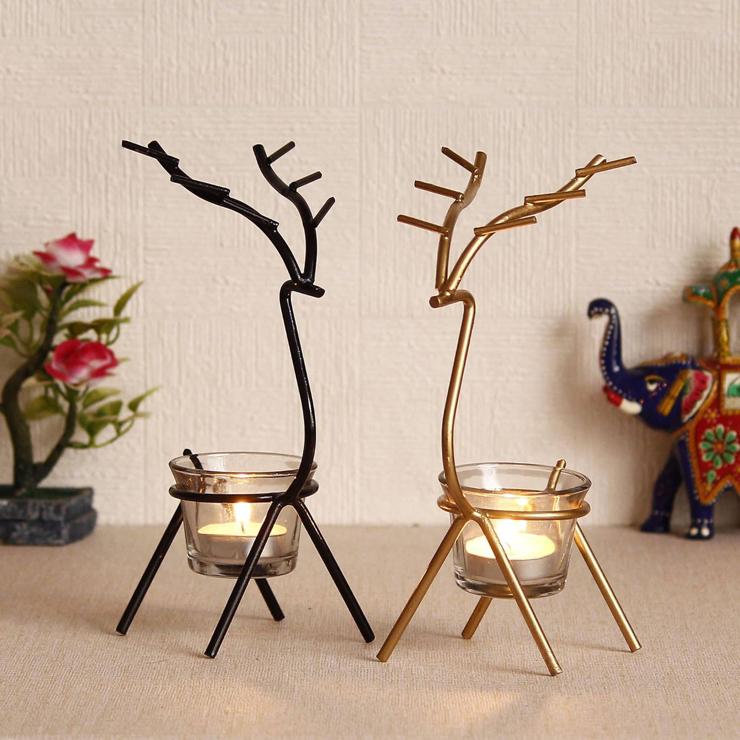 Black and Gold Set of 2 Deer Shape Decorative Handcrafted Metal Tea Light Candle Holders for Diwali Festival, Home Decor, Table Decoration, Gift - YuvaFlowers