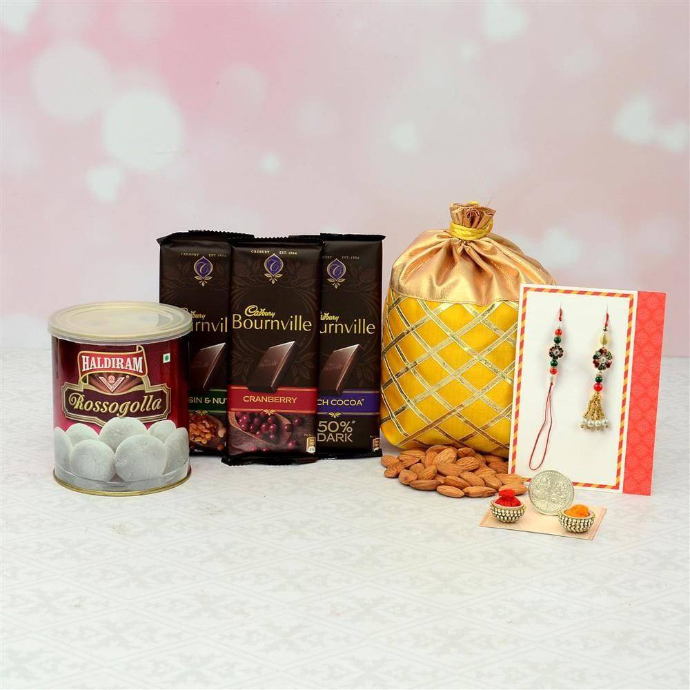 Bournville Chocolates With Haldiram Sweets and Almonds Rakhi Hamper - YuvaFlowers