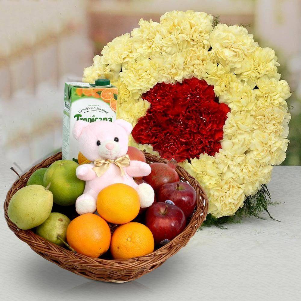 Carnations With Healthy Fruit Basket - YuvaFlowers