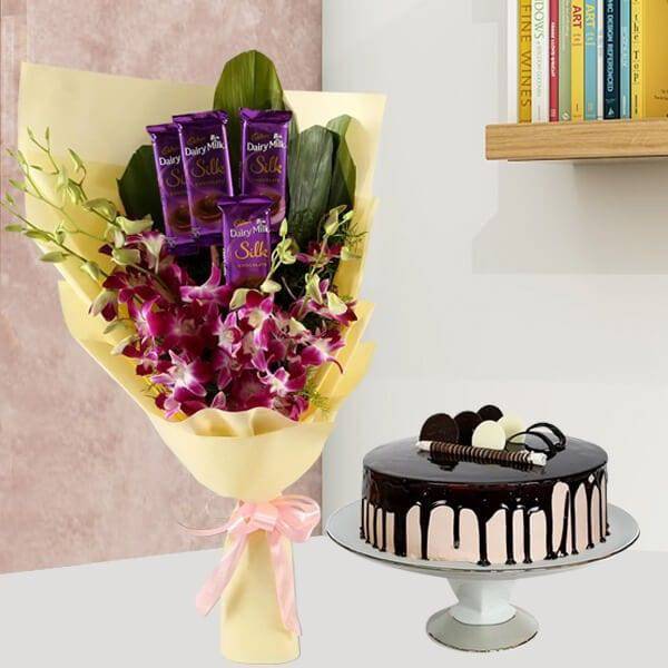 Dairy Milk & Orchids With Chocolate Cake Combo - YuvaFlowers