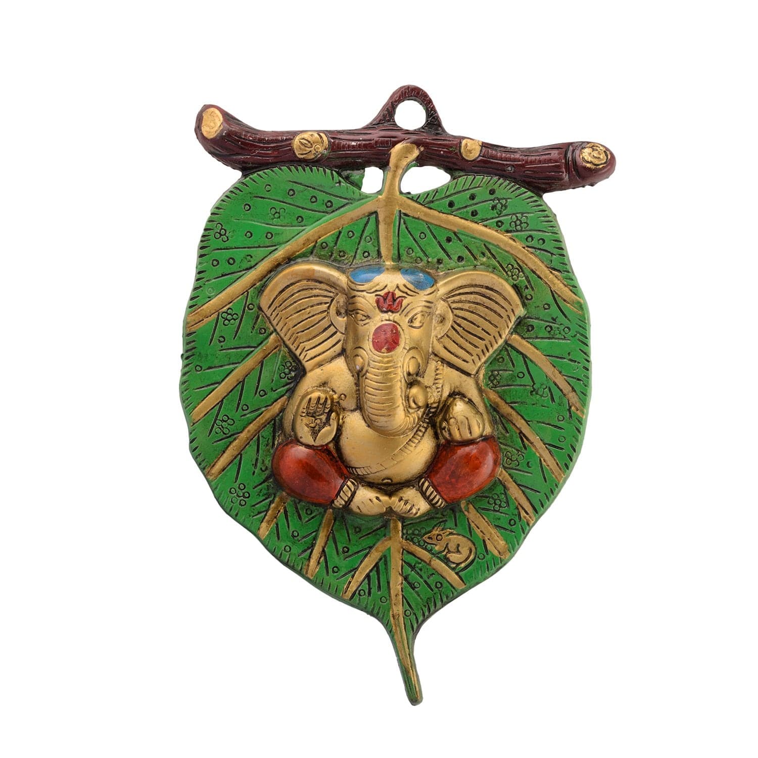 eCraftIndia Golden Metal Lord Ganesha in Red Dhoti on Green Leaf Wall Hanging Decorative showpiece for Home Decor, Wall Decor, Pooja Room Temple & Housewarming, Festival Gift - YuvaFlowers