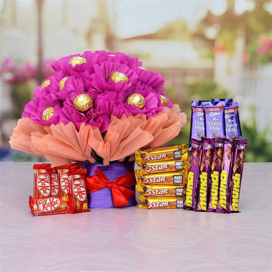 Ferrero Rocher Bouquet with Chocolates Hamper - YuvaFlowers