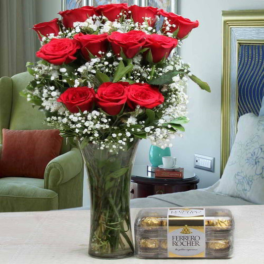 FERRERO ROCHER CHOCOLATE AND RED ROSES ARRANGEMENT - YuvaFlowers