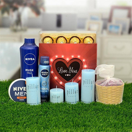Ferrero Rocher With Mens Care & Candles Hamper - YuvaFlowers