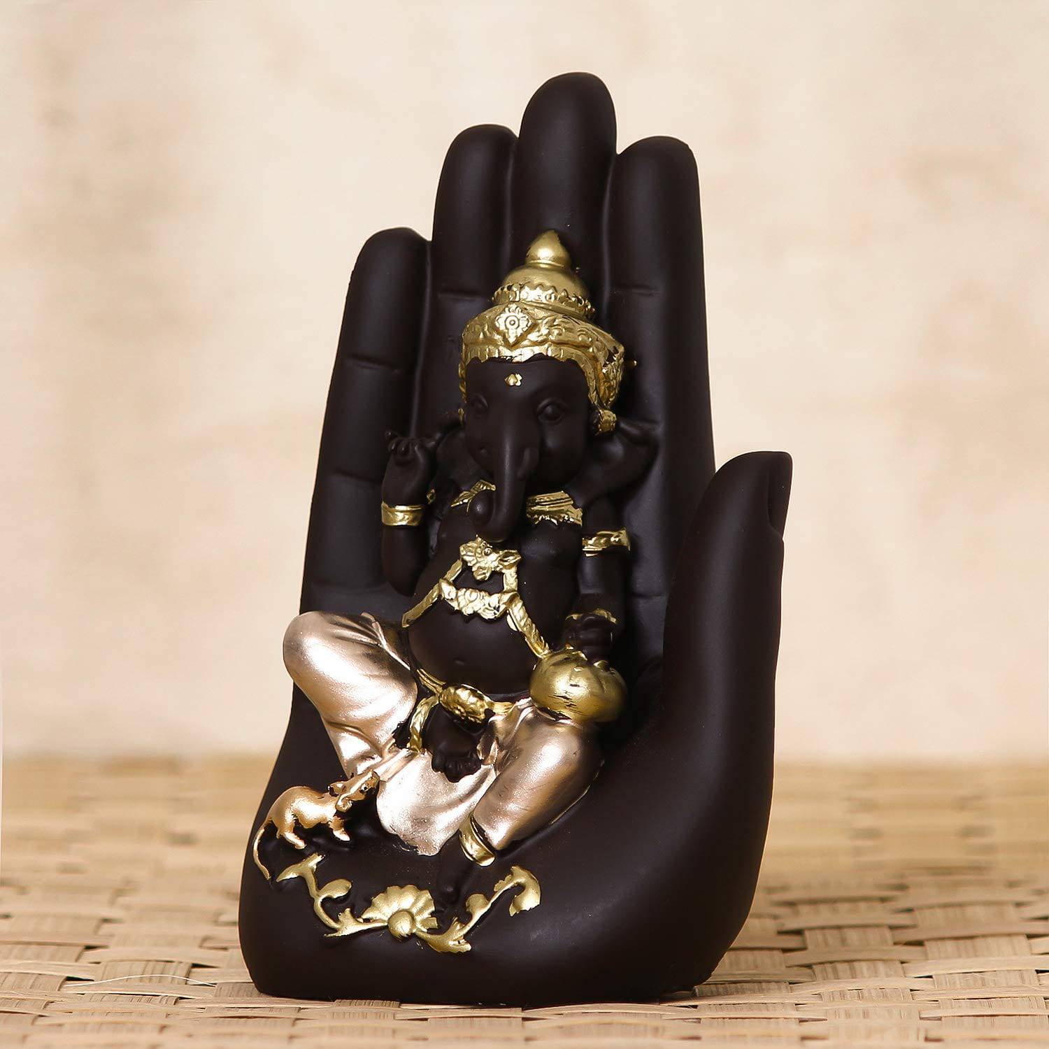 Golden Handcrafted Palm Ganesha Decorative Showpiece - YuvaFlowers
