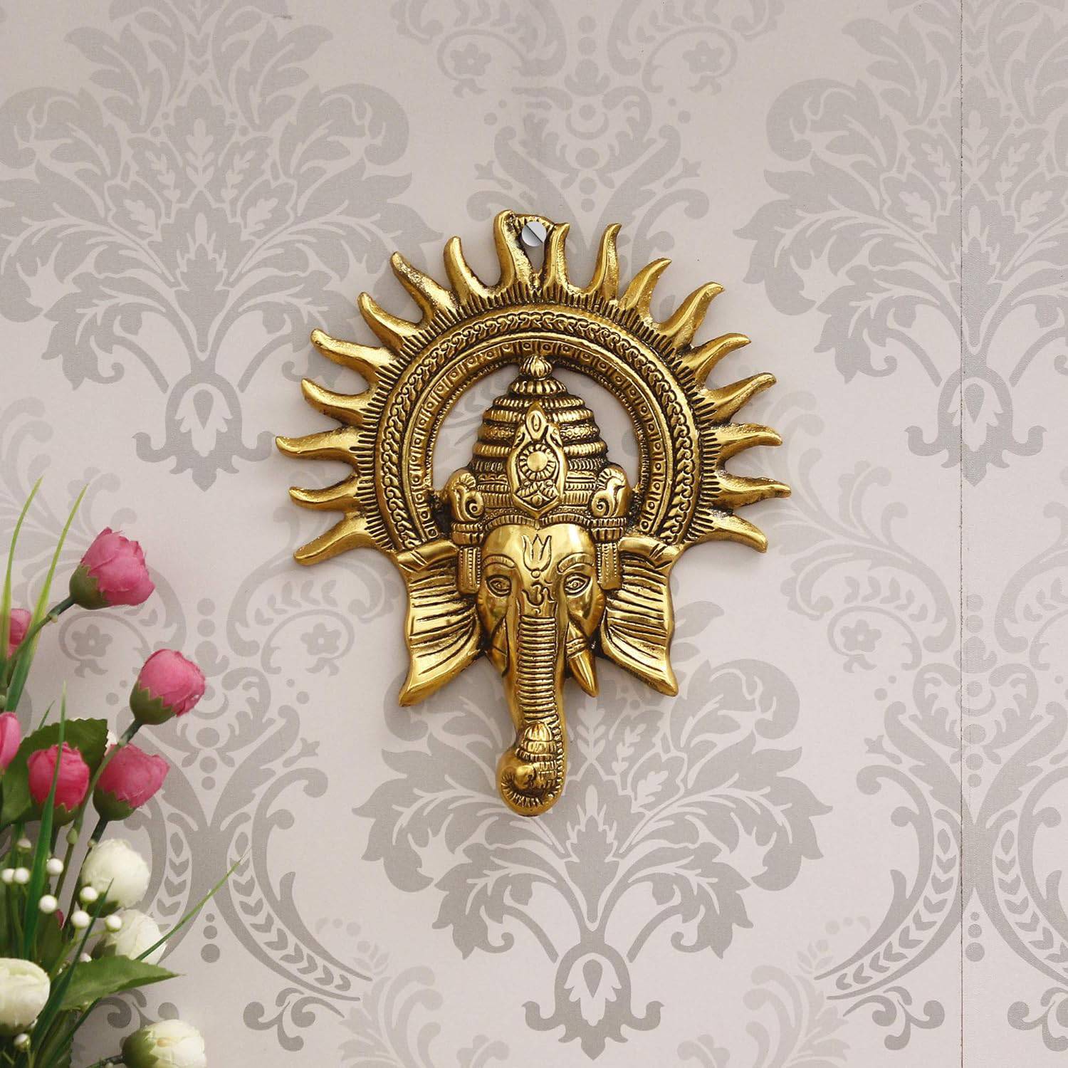 Golden Lord Ganesha With Sun Decorative Metal Wall Hanging Art Decorative Showpiece For Wall Decor, Festival Home Decor Pooja Room Temple & Gift For Family, Friends, Housewarming - YuvaFlowers