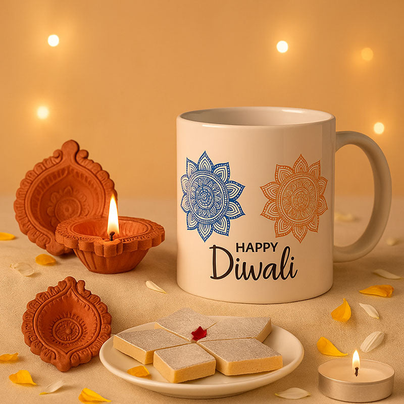 Happy Diwali Gift Mug with Terracotta Diyas & Kaju Katli Sweets – Festive Decor Combo