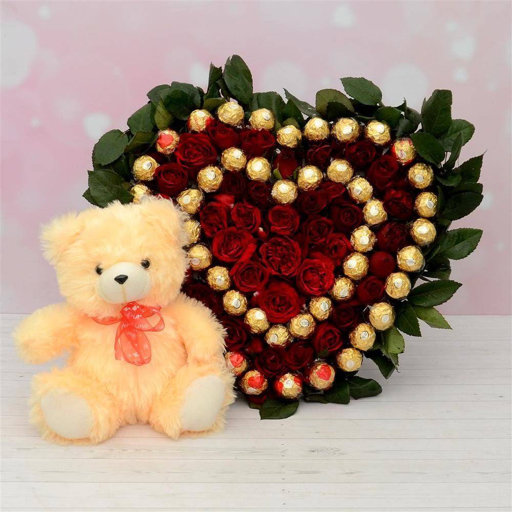 Heart Shape Rose Arrangment & Ferrero Rocher Combo - YuvaFlowers
