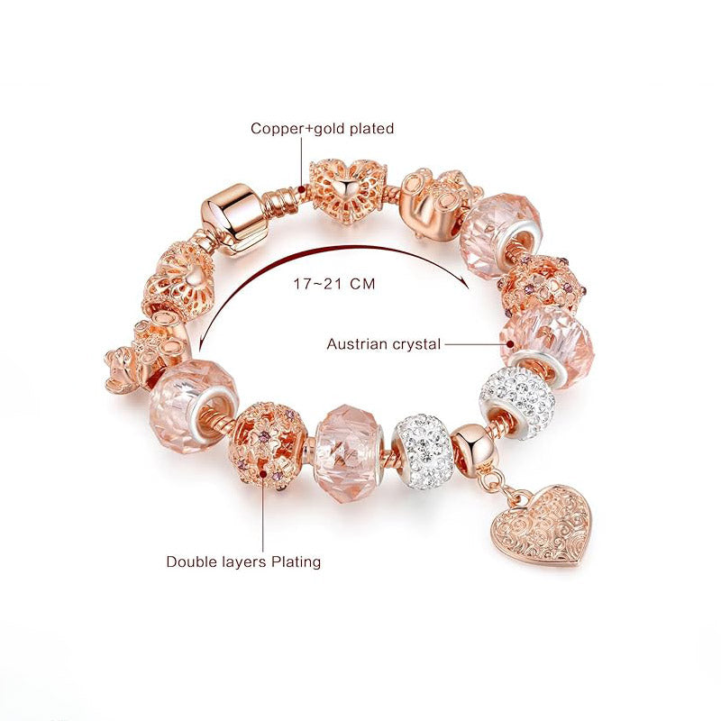 Latest Stylish Pandora Crystal Diamonds Charms Rose Gold Gift Bracelet for Women and Girls