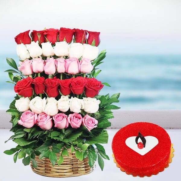 Layered Roses With Red Velvet Cake - YuvaFlowers