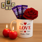 Love Mug and Red Candles Combo with Rose and Chocolates