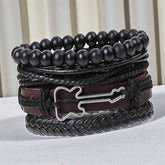 Men’s Multi-Layer Leather & Beaded Bracelet Set with Guitar Charm