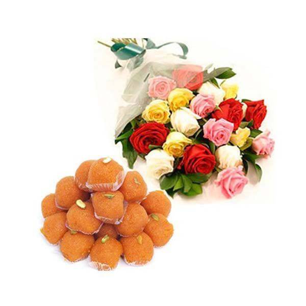Mix Roses Bouquet with Ladoos - YuvaFlowers