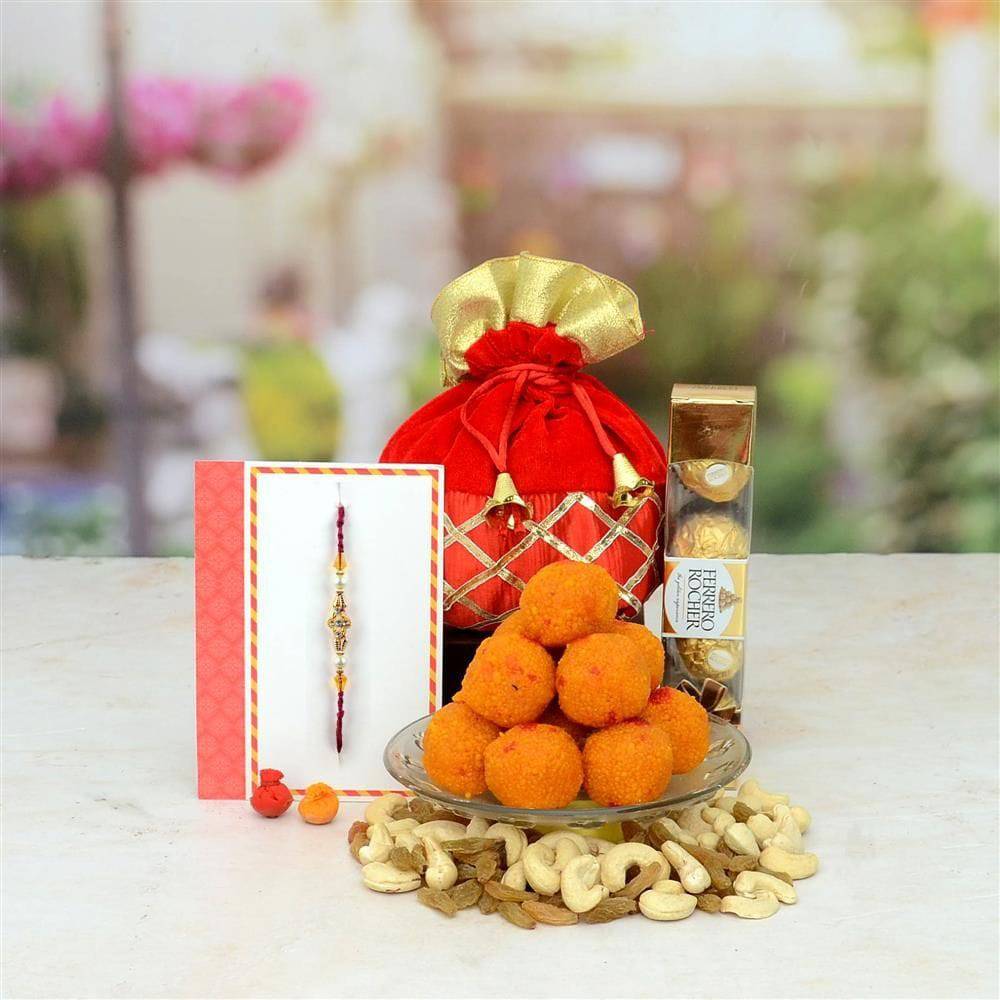 Motichoor Ladoo With Ferrero Rocher and Dry Fruits Rakhi Hamper - YuvaFlowers