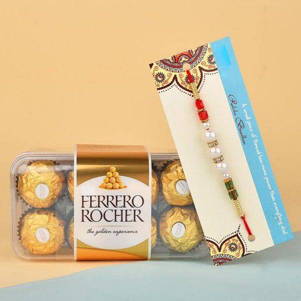 Pearl Rakhi N 16 Pcs Ferrero Rocher - YuvaFlowers