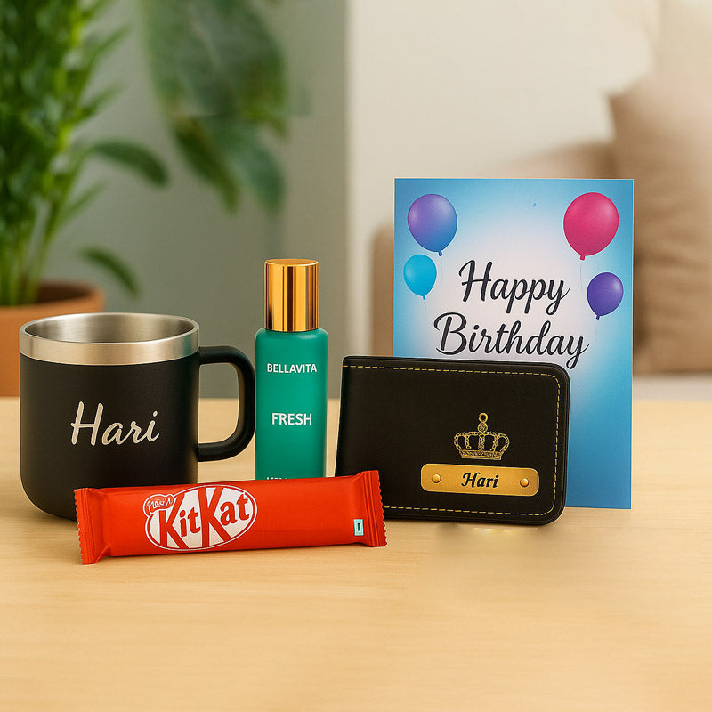 Personalized Birthday Gift Hamper for Him - Mug, Wallet, Perfume & Chocolate