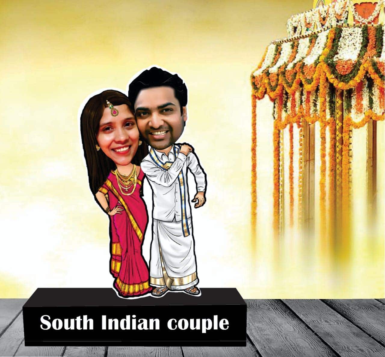 Personalized Gifts for Wife/Women - Caricature Couple Standee with Cutout with Customised Captions (South Indian Couple) - YuvaFlowers