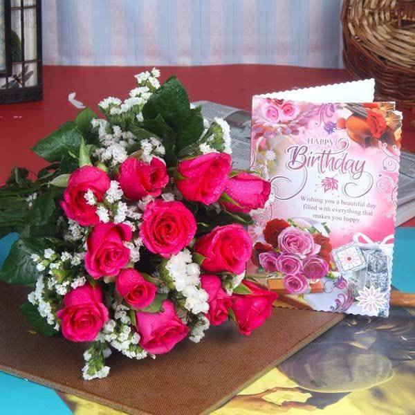 Pink Roses and Birthday Greetings For You - YuvaFlowers