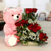 Pink Teddy Bear with Exotic Red Rose Basket - YuvaFlowers