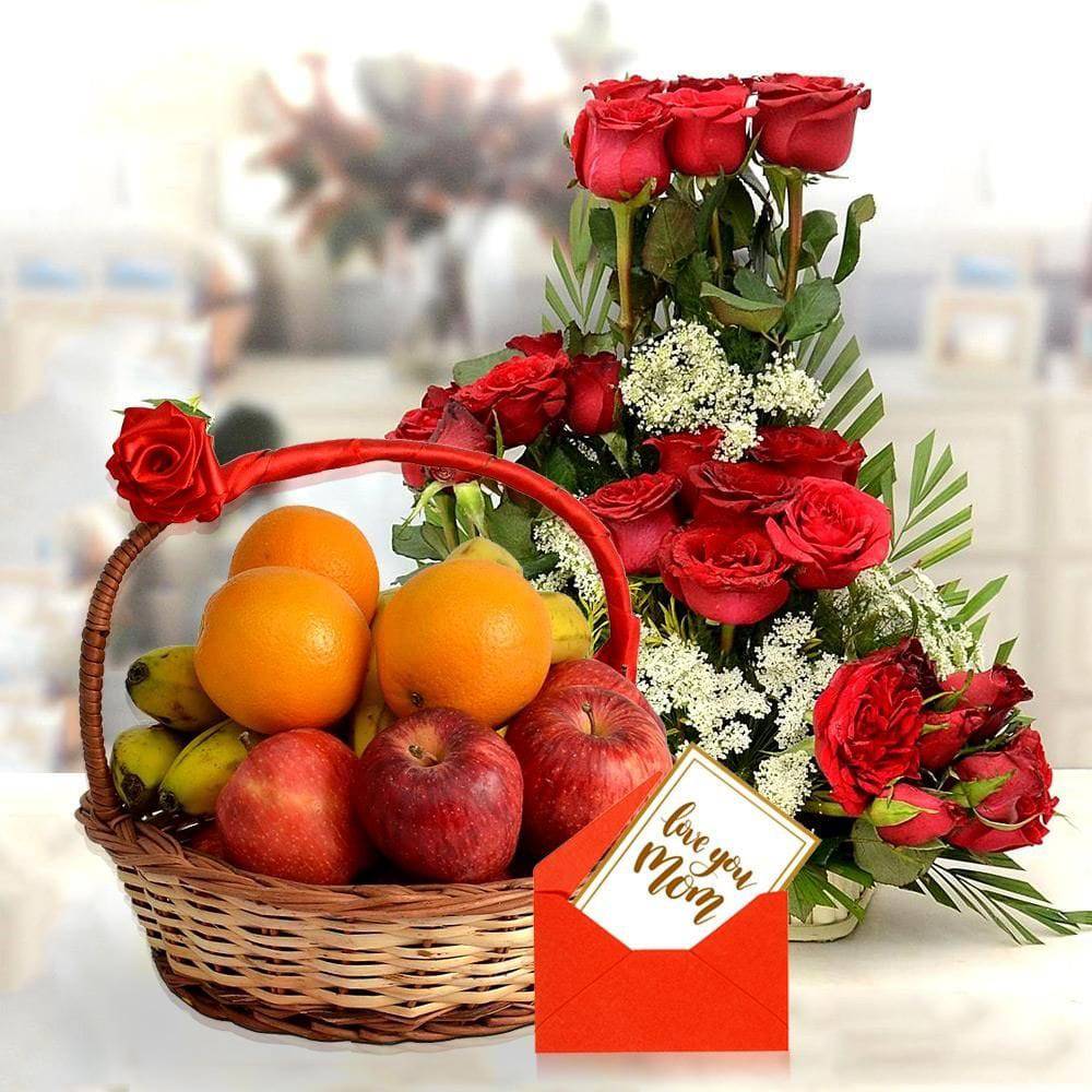 Red Rose Basket With Tasty Fruit Basket Mor Mom - YuvaFlowers