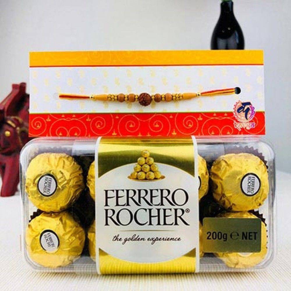 rudraksha Rakhi with Farrero Rochar - YuvaFlowers