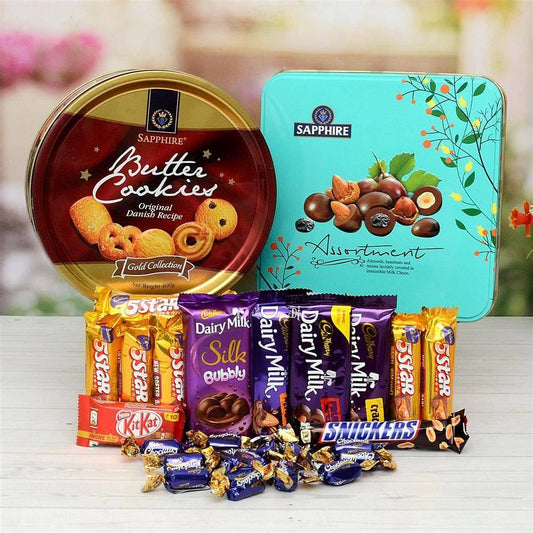 Sapphire Assortment & Cookies With Chocolates Hamper - YuvaFlowers
