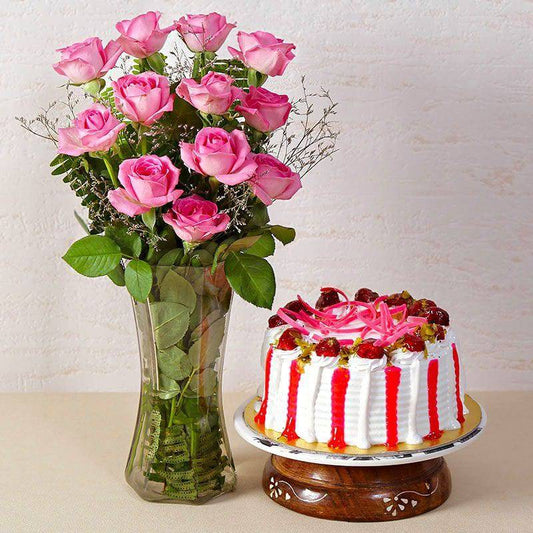 Strawberry Cake With Dozen Pink Roses In A Glass Vase - YuvaFlowers