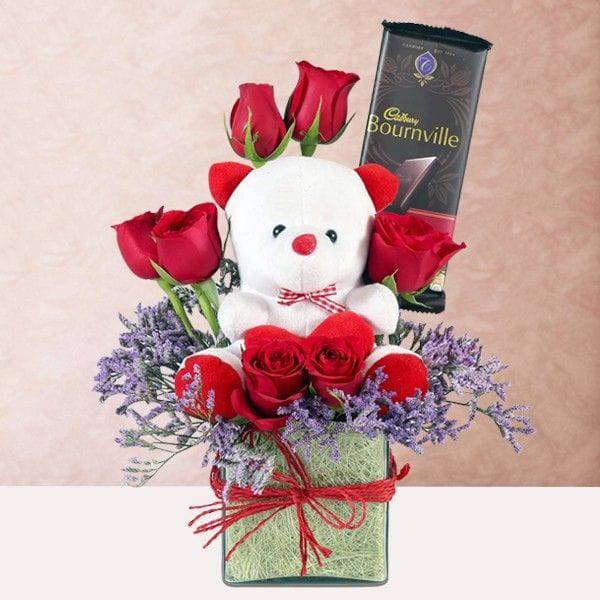 Vase of Teddy with Red Roses and Bournville Chocolate - YuvaFlowers