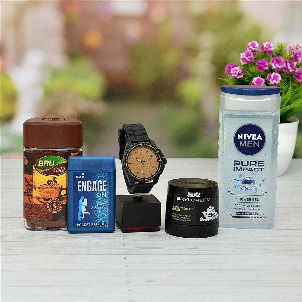 Watch, Brylcream, Coffee, with Pocket Perfume & Shower Gel For Men - YuvaFlowers