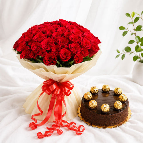 100 ROSES N CHOCOLATE CAKE Online Gift Delivery