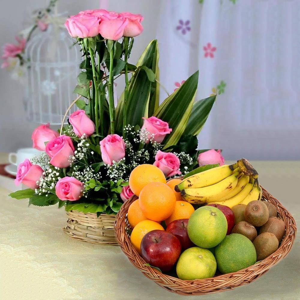 18 Pink Roses & Mixed Fruit Basket - YuvaFlowers