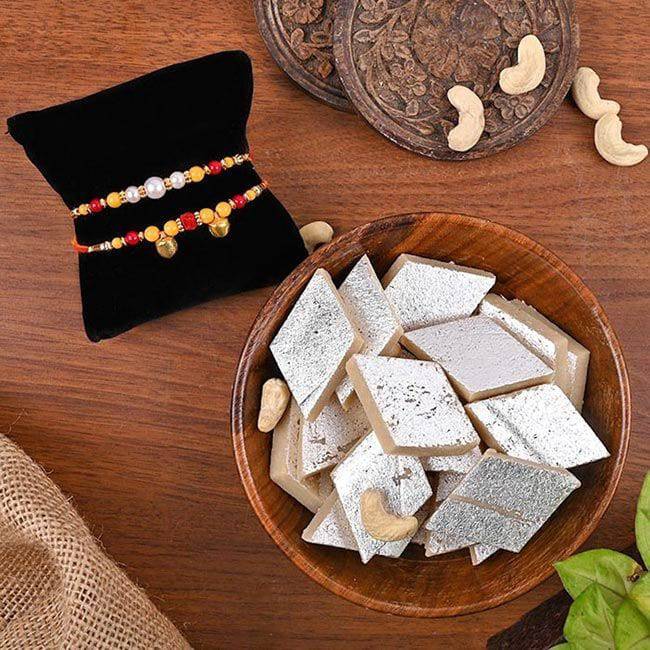 2 Designer Rakhi with Kaaju Katli Sweet - YuvaFlowers