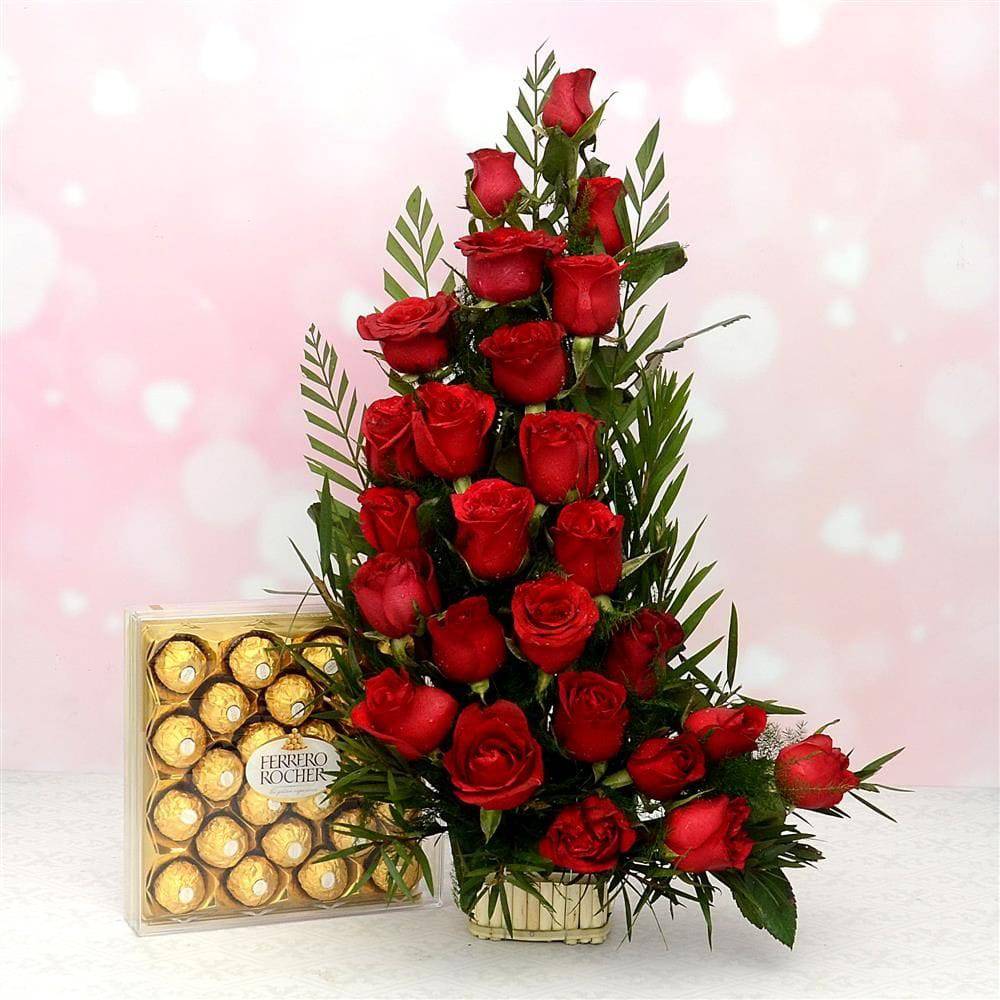 25 Red Rose Basket & Ferrero Rocher - YuvaFlowers