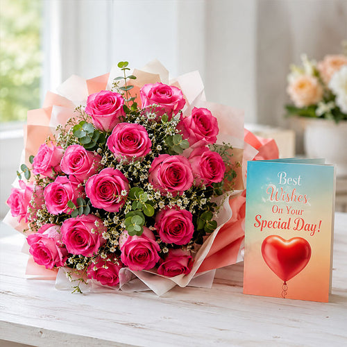 30 Pink Roses N Greeting Card Online Gift Delivery