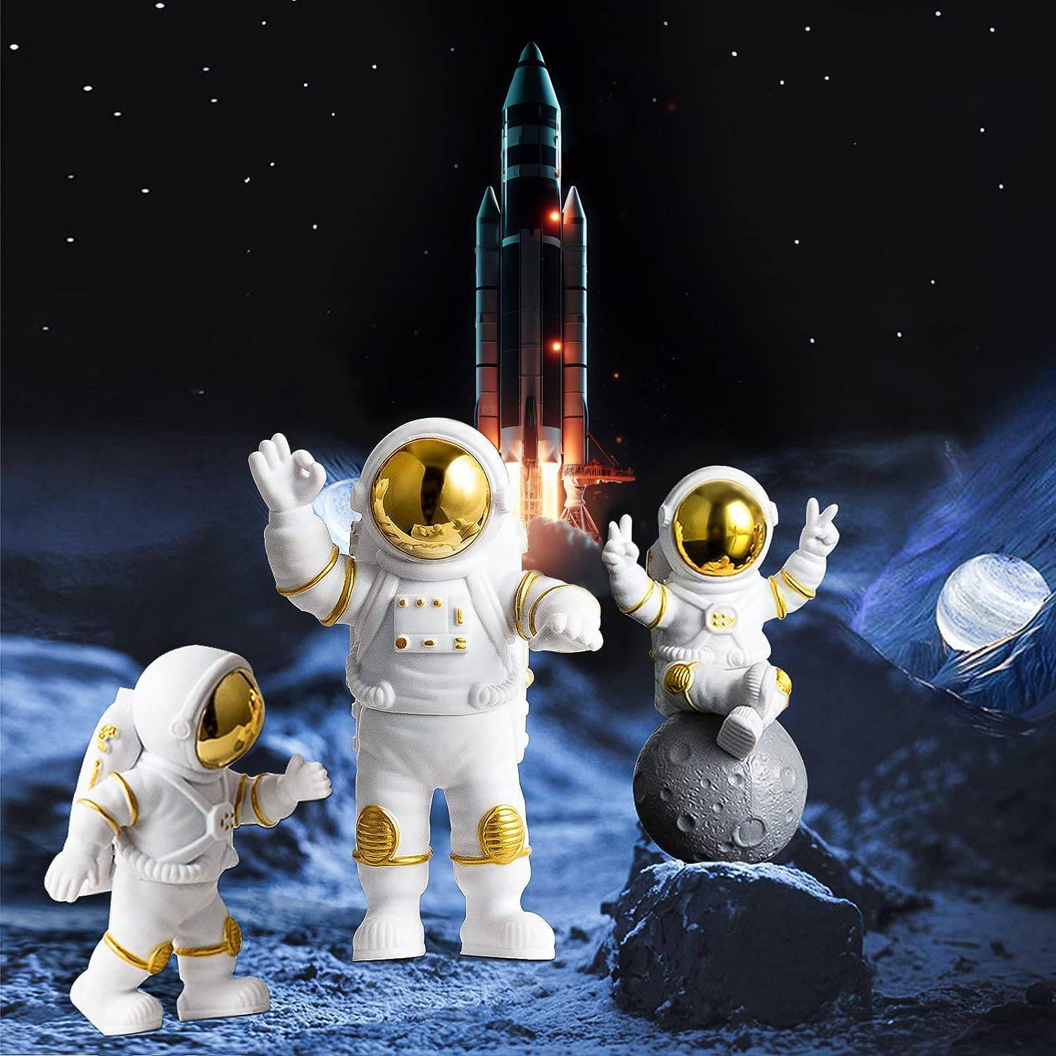 3pcs Astronaut Figurine Home Decor Astronaut Statue Study Office Desk Decor Showpiece Gift Decoration Accessories Outer Space PVC Sculpture (Golden) - YuvaFlowers