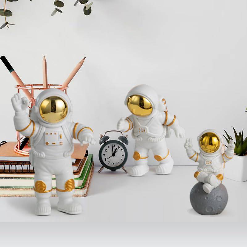 3pcs Astronaut Figurine Home Decor Astronaut Statue Study Office Desk Decor Showpiece Gift Decoration Accessories Outer Space PVC Sculpture (Golden) - YuvaFlowers