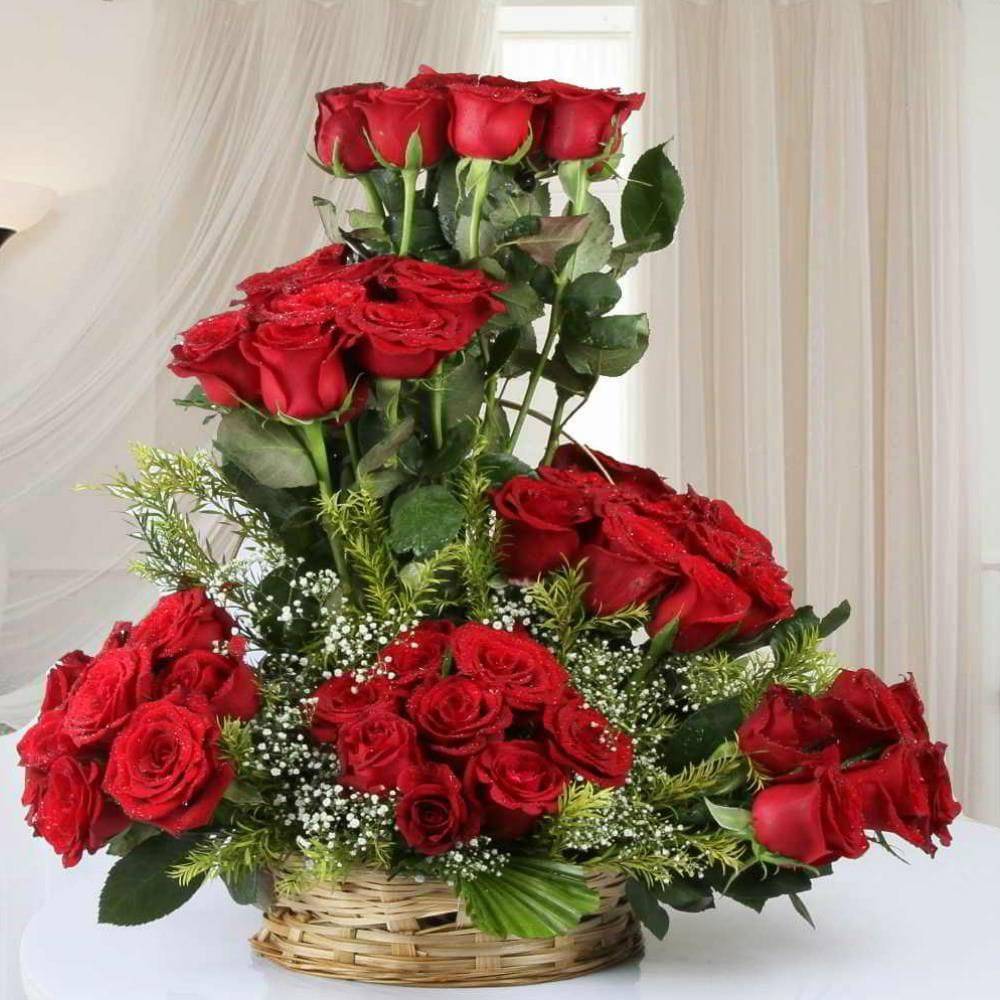 48  Red Rose Basket Arrangement - YuvaFlowers