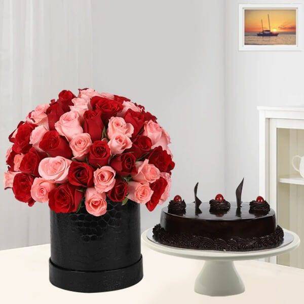 50 Pink - Red Roses Box with Chocolate Cake - YuvaFlowers