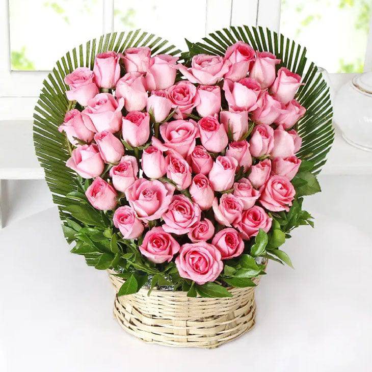 50 Pink Roses Basket - YuvaFlowers