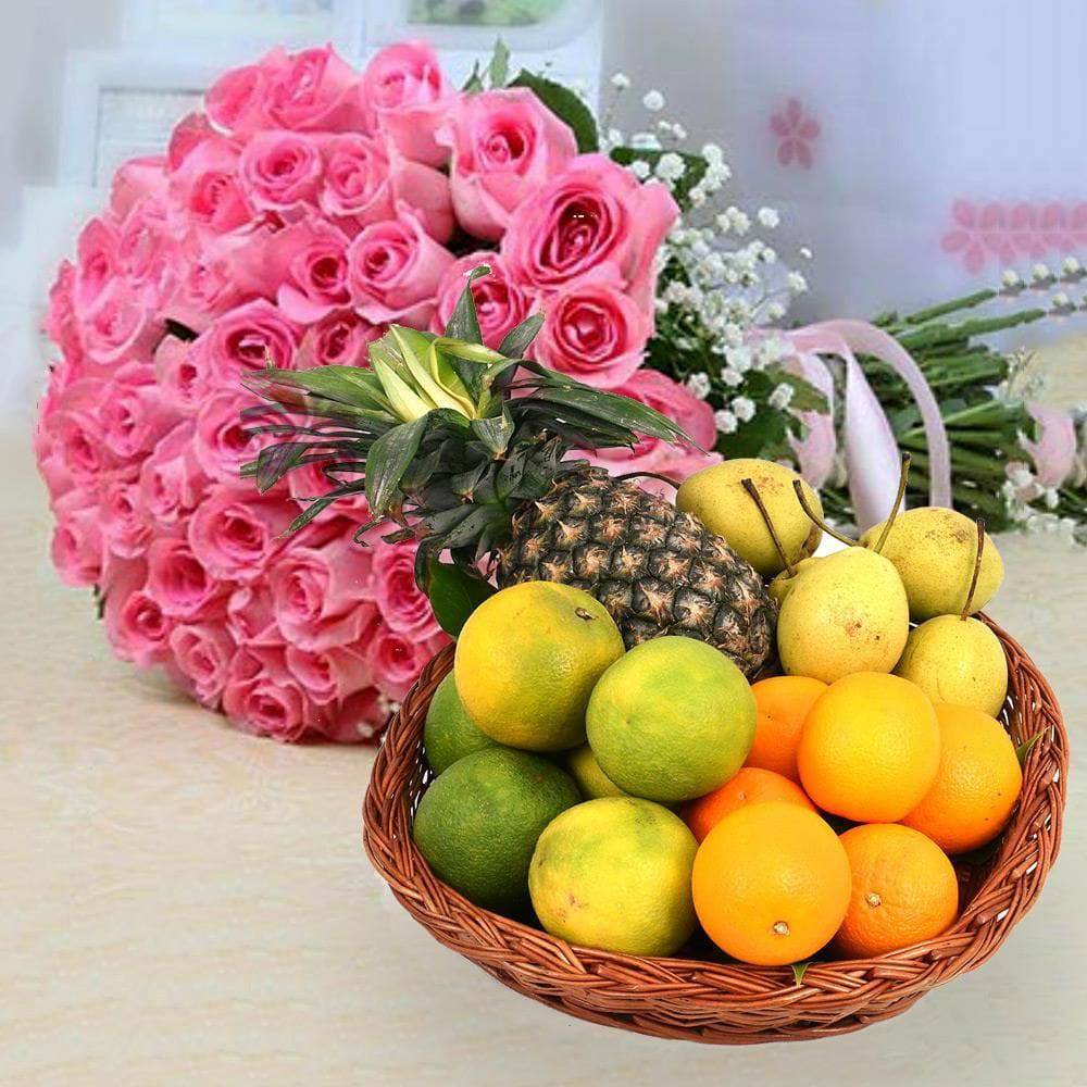 50 Pink Roses With Mixed Fruit Basket - YuvaFlowers