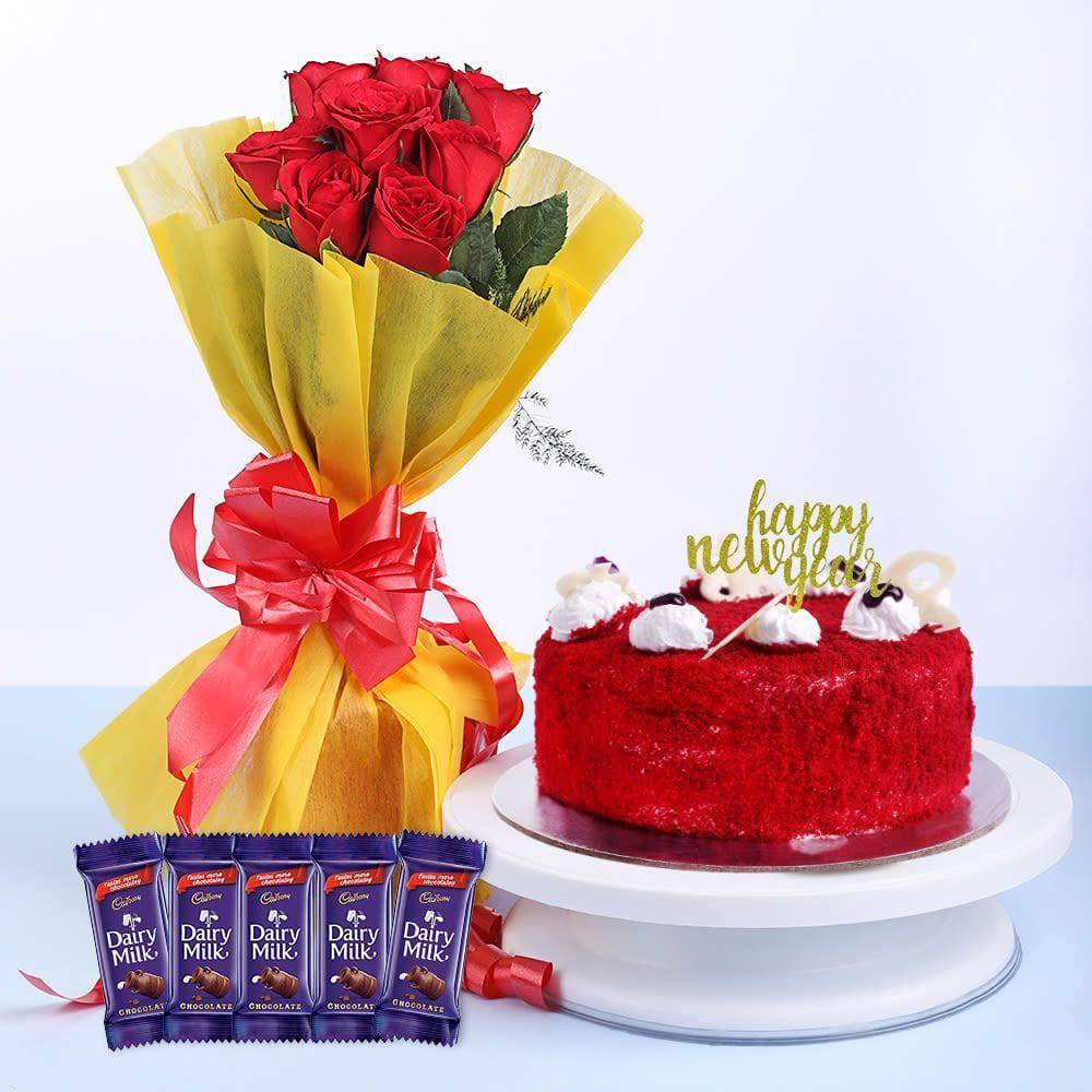 8  Red Roses And Red Velvet Cake - YuvaFlowers