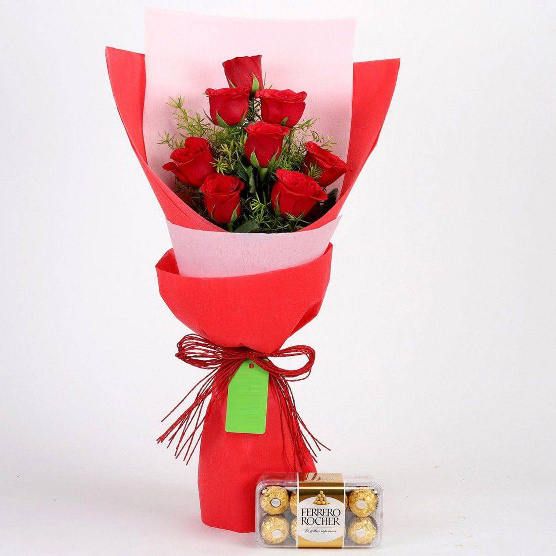 8 Red Roses With Ferrero Rocher Combo - YuvaFlowers